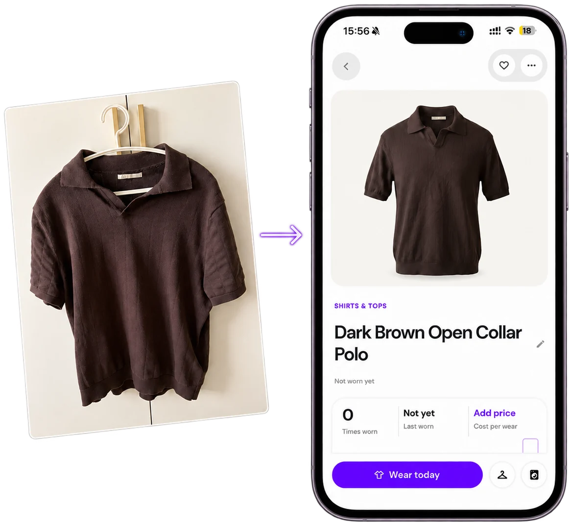 An original brown polo photo beside its wardrobe entry in Stilny