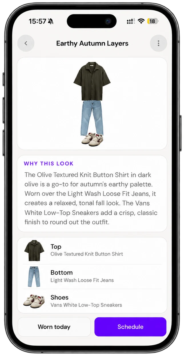 Stilny displaying an outfit with an olive shirt, light jeans and sneakers