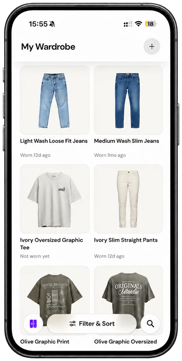 Clothing organized in Stilny’s wardrobe grid